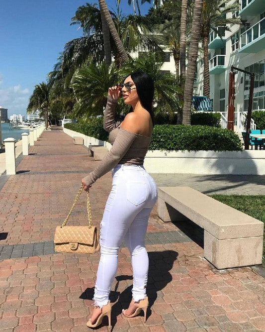 Denim Pencil Pants Slim Long Trousers Ripped Hole Stretch Feet Pants Female - MANDOTOS