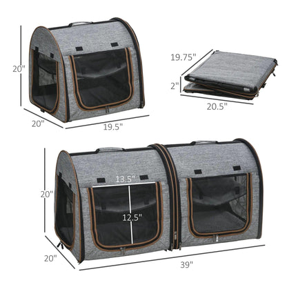 Dual Compartment Portable Cat Carrier, Padded with Storage, Grey - MANDOTOS