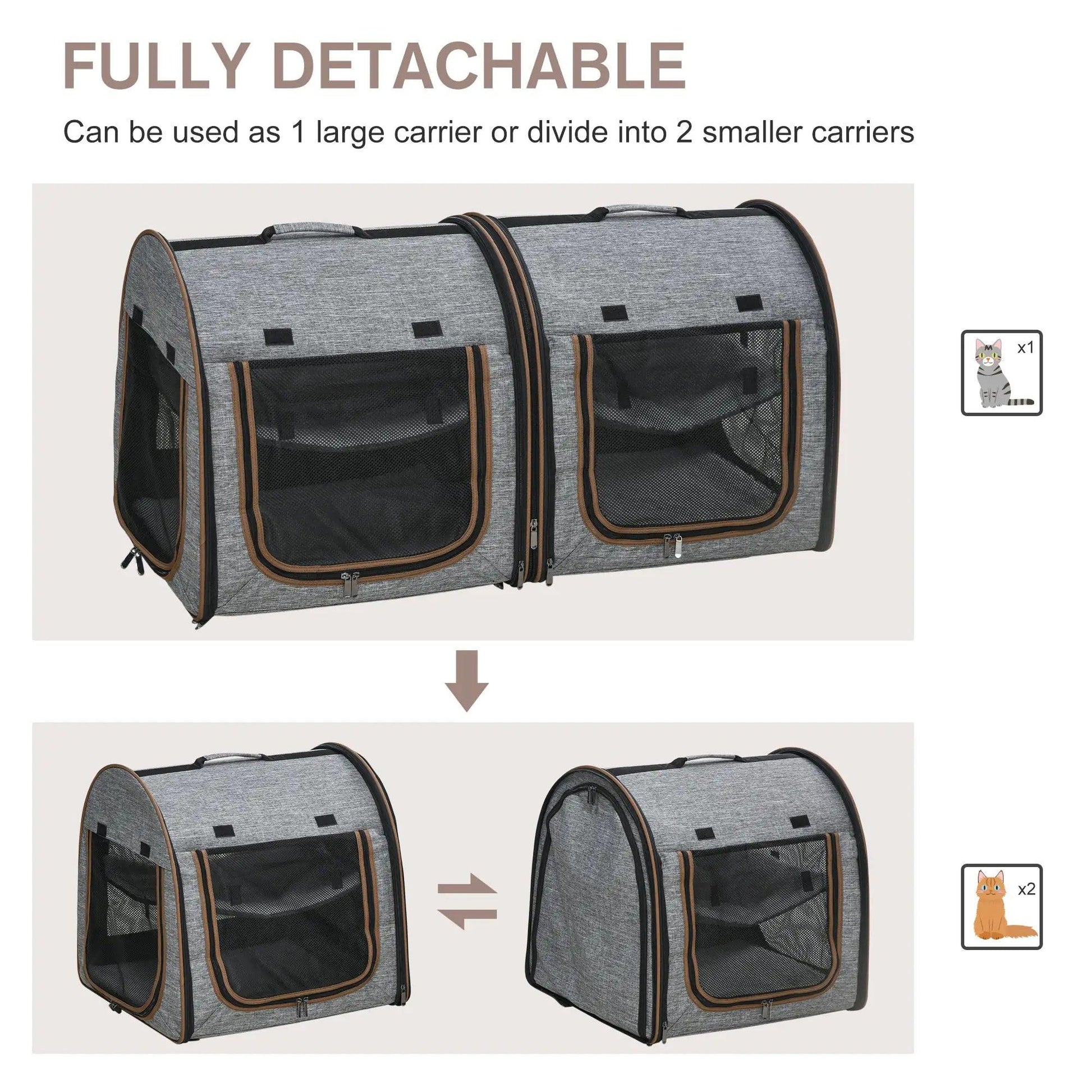 Dual Compartment Portable Cat Carrier, Padded with Storage, Grey - MANDOTOS
