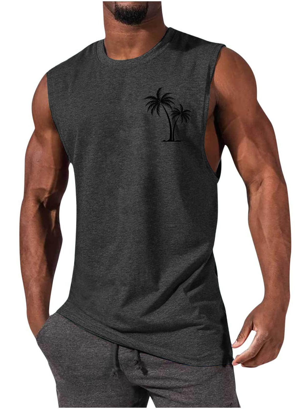 Coconut Tree Embroidery Vest Summer Beach Tank Tops Workout Muscle Men Sports Fitness T-shirt - MANDOTOS