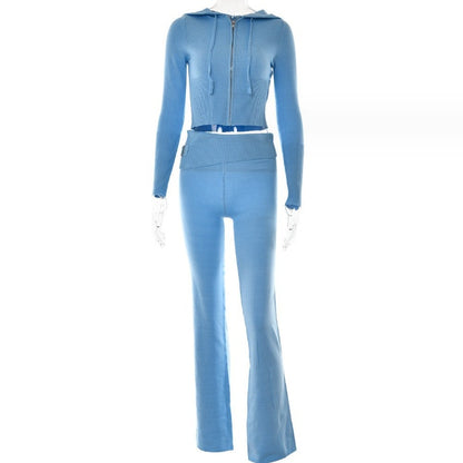 Hoodie Suit Women Leisure Sexy Zip Long Sleeve Sweater And High Waist Long Pants Set - MANDOTOS