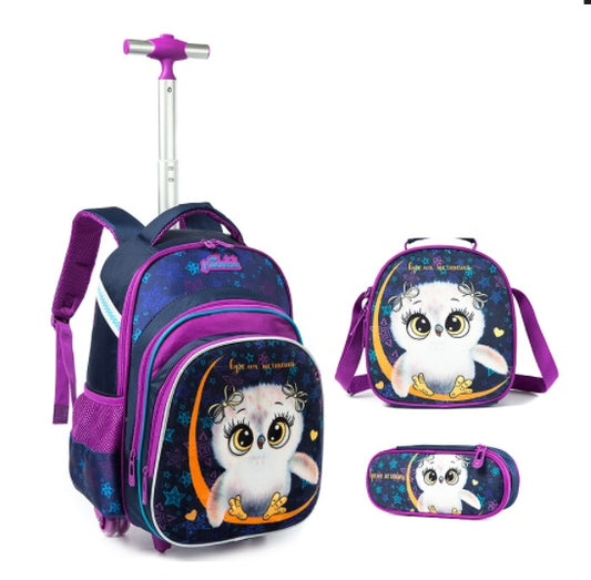 Ancient Energy three-piece trolley bag set for primary school students with colorful cartoon designs and adjustable handles.