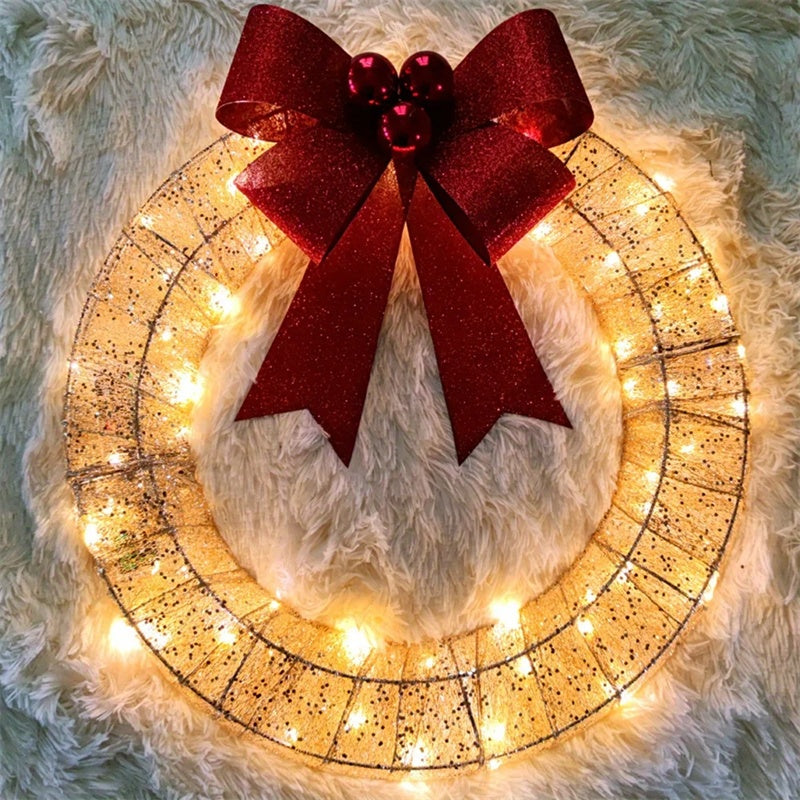 Christmas Garland 50CM Luminous LED Warm Light Metal Luminous Wreath With Big Bowknot Christmas Front Door Home Holiday Party Door Hanging Decor - MANDOTOS