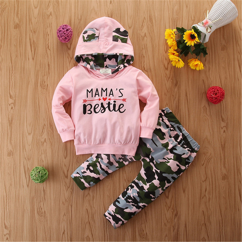 Girls camouflage hooded sweater and pants set by Ancient Energy, perfect for spring and autumn, featuring a cozy, stylish design.