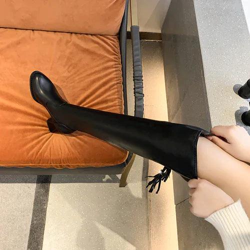 Elastic Leather Knee Boots - MANDOTOS