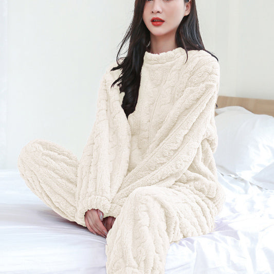 Winter Pajamas Sets Homewear Solid Color Loose Thickened Coral Velvet Pullover Long Sleeves And Trousers Warm Pajamas Indoor Outdoor Casual Clothes - MANDOTOS