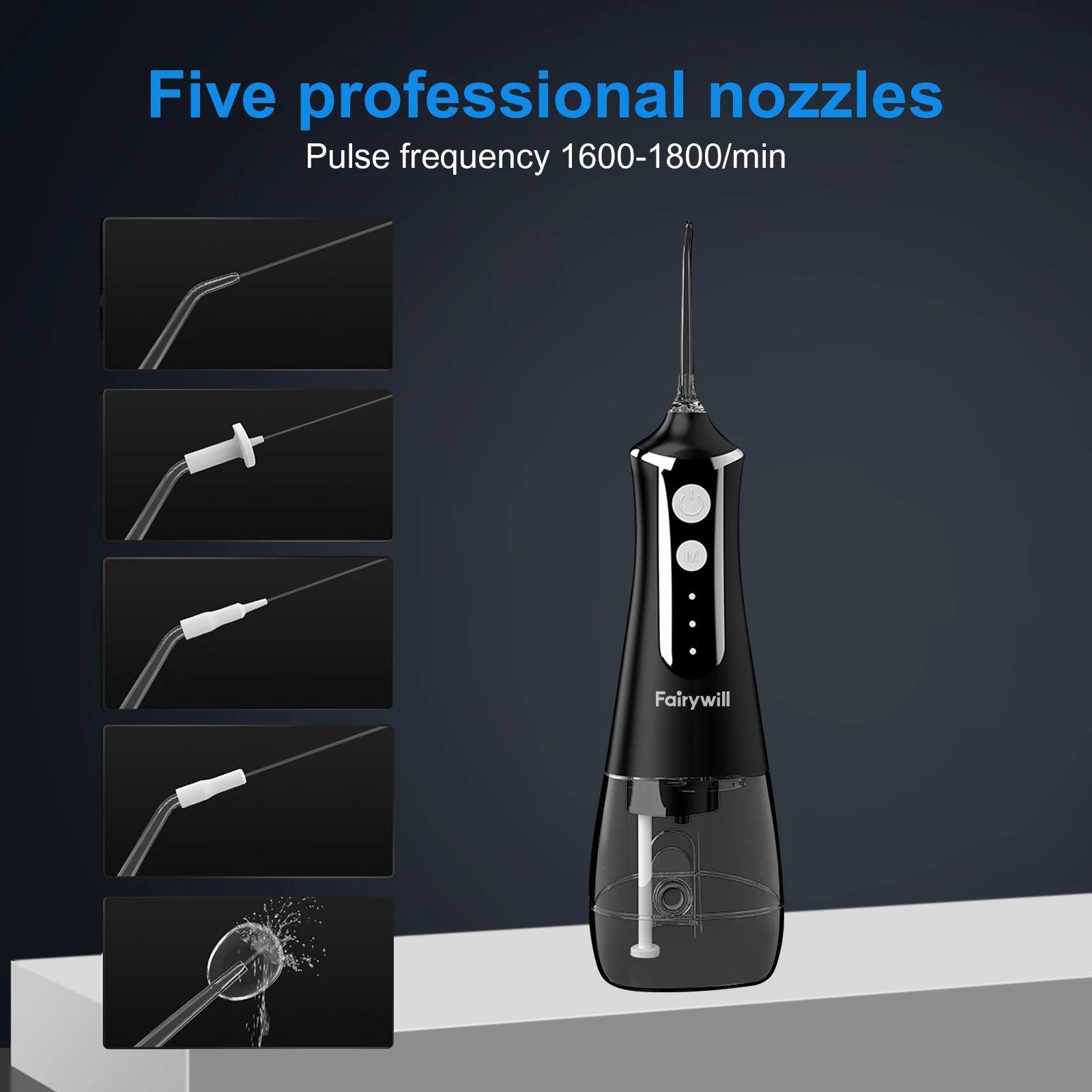 Fairywill Oral Irrigator Portable Water Flosser Dental Teeth Cleaning Waterproof USB Charge With 5 Jets For Braces, Travel - MANDOTOS