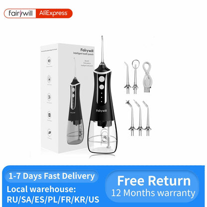Fairywill Oral Irrigator Portable Water Flosser Dental Teeth Cleaning Waterproof USB Charge With 5 Jets For Braces, Travel - MANDOTOS