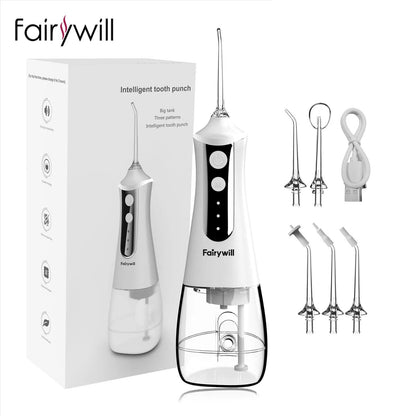 Fairywill Oral Irrigator Portable Water Flosser Dental Teeth Cleaning Waterproof USB Charge With 5 Jets For Braces, Travel - MANDOTOS