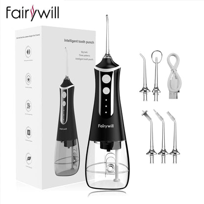 Fairywill Oral Irrigator Portable Water Flosser Dental Teeth Cleaning Waterproof USB Charge With 5 Jets For Braces, Travel - MANDOTOS