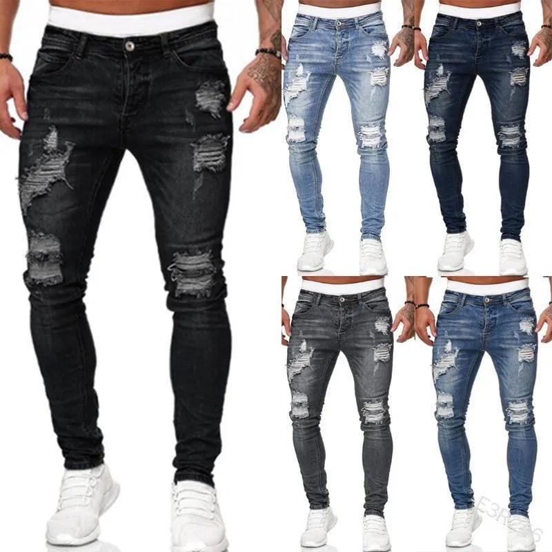 Fashion Street Style Ripped Skinny Jeans Men Vintage wash Solid Denim Trouser Mens Casual Slim fit pencil denim Pants hot sale - MANDOTOS