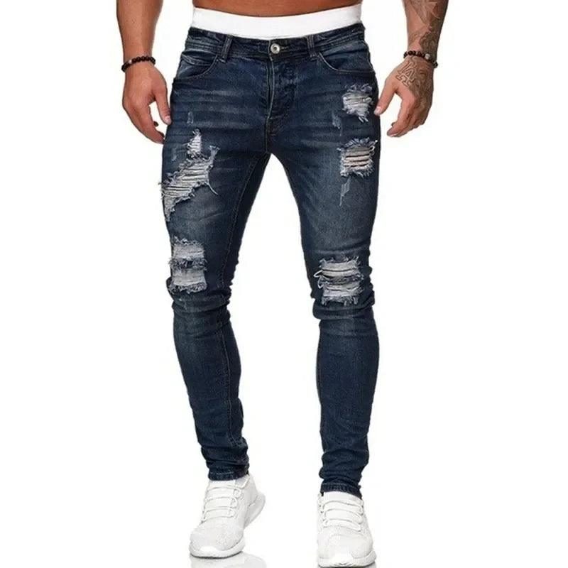 Fashion Street Style Ripped Skinny Jeans Men Vintage wash Solid Denim Trouser Mens Casual Slim fit pencil denim Pants hot sale - MANDOTOS