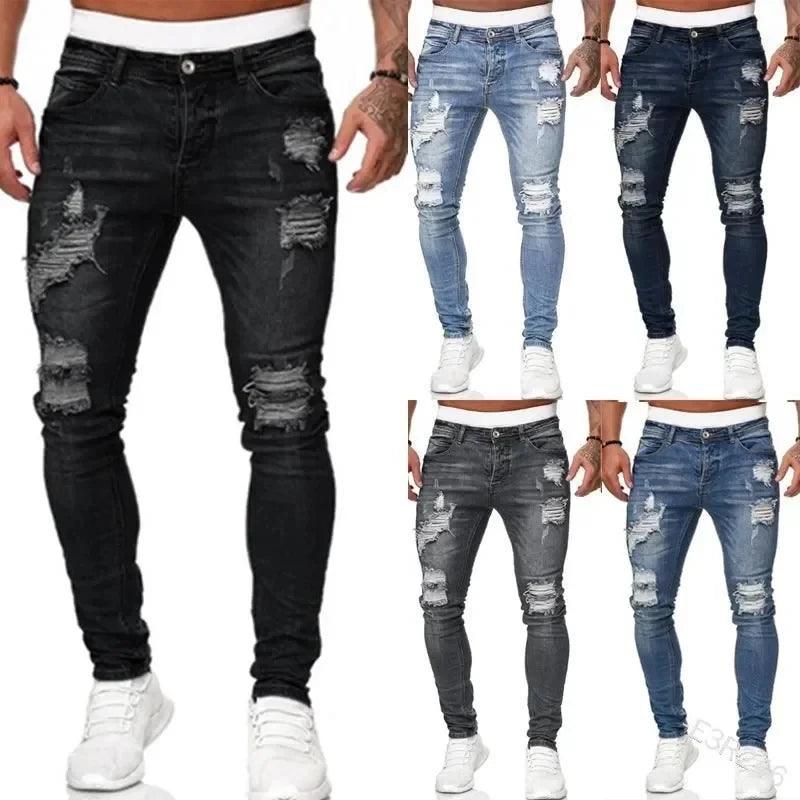 Fashion Street Style Ripped Skinny Jeans Men Vintage wash Solid Denim Trouser Mens Casual Slim fit pencil denim Pants hot sale - MANDOTOS