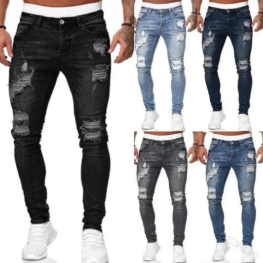 Fashion Street Style Ripped Skinny Jeans Men Vintage wash Solid Denim Trouser Mens Casual Slim fit pencil denim Pants hot sale - MANDOTOS