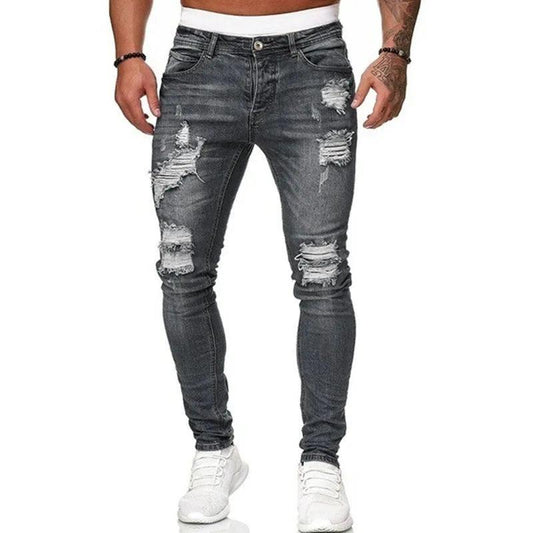 Fashion Street Style Ripped Skinny Jeans Men Vintage wash Solid Denim Trouser Mens Casual Slim fit pencil denim Pants hot sale - MANDOTOS
