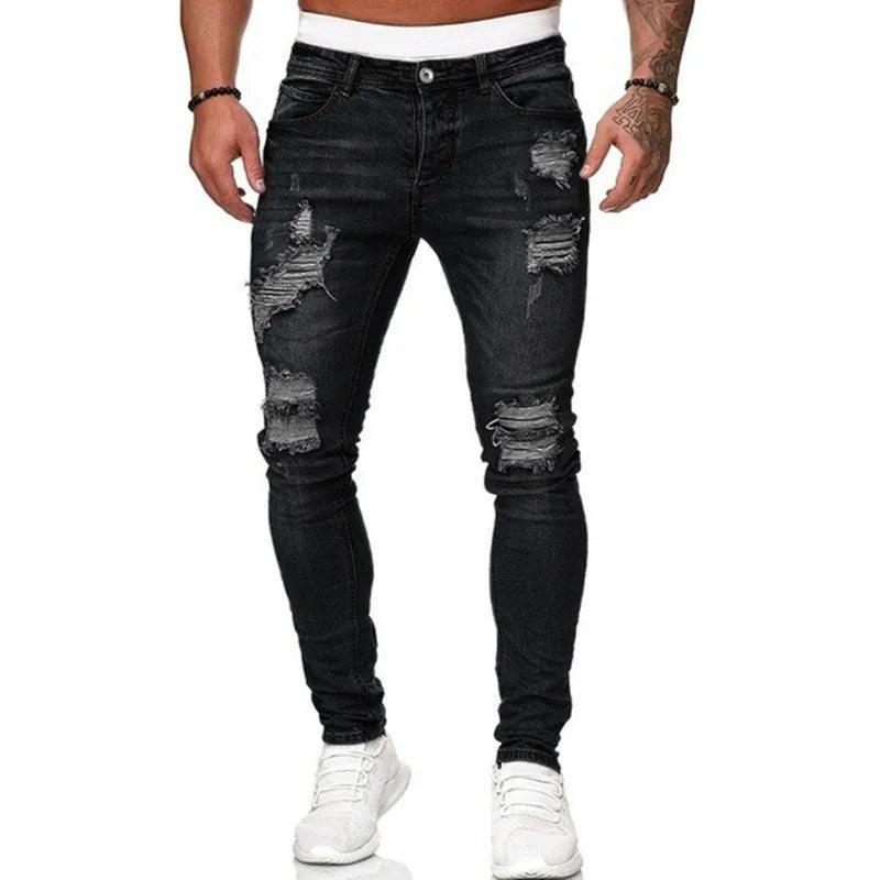 Fashion Street Style Ripped Skinny Jeans Men Vintage wash Solid Denim Trouser Mens Casual Slim fit pencil denim Pants hot sale - MANDOTOS