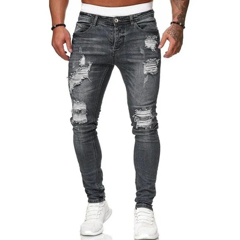 Fashion Street Style Ripped Skinny Jeans Men Vintage wash Solid Denim Trouser Mens Casual Slim fit pencil denim Pants hot sale - MANDOTOS