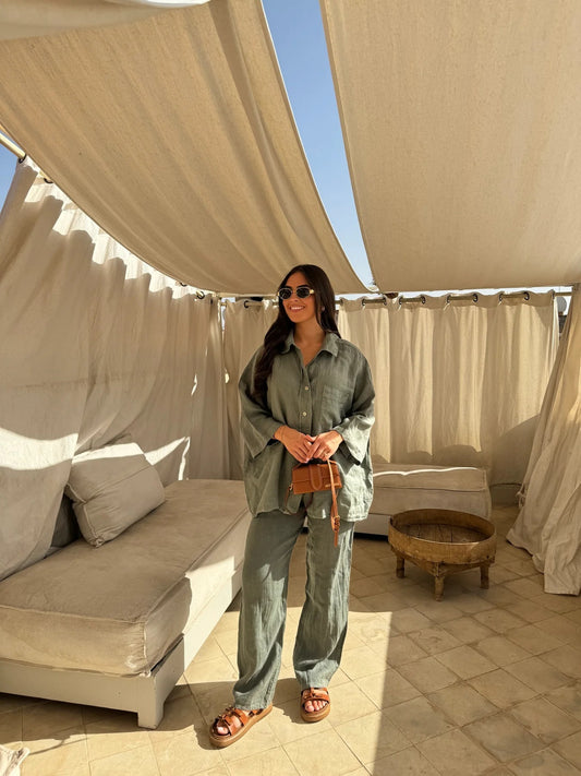 Casual Polyester Pocket Shirt Pants Suitable For Women's Wide Leg Pants, Long Sleeved Shirt Set, Women's Loose High Street Two-piece Set - MANDOTOS