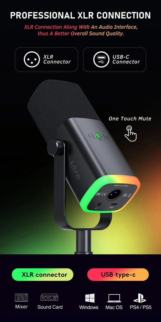 Dynamic USB/XLR Microphone with Touch Mute Button and Headphone Jack for PC and Gaming - MANDOTOS