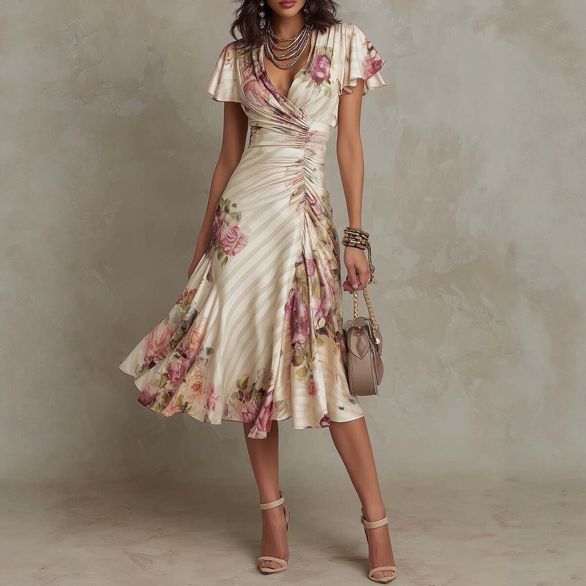 FitiqueFit ruffled hem maxi dress with V-neck, satin fabric, A-line silhouette, and color block design.
