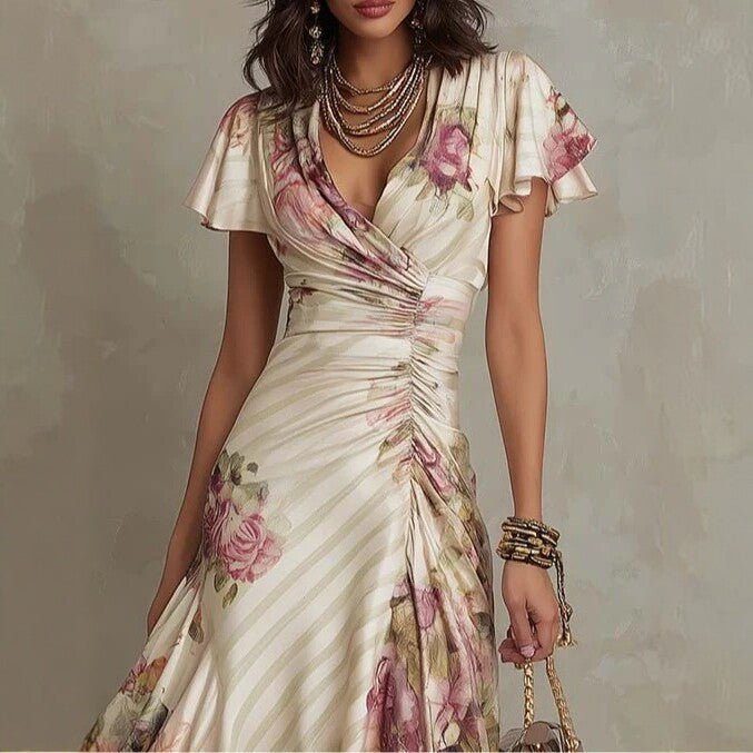 FitiqueFit ruffled hem maxi dress with V-neck, satin fabric, A-line silhouette, and color block design.