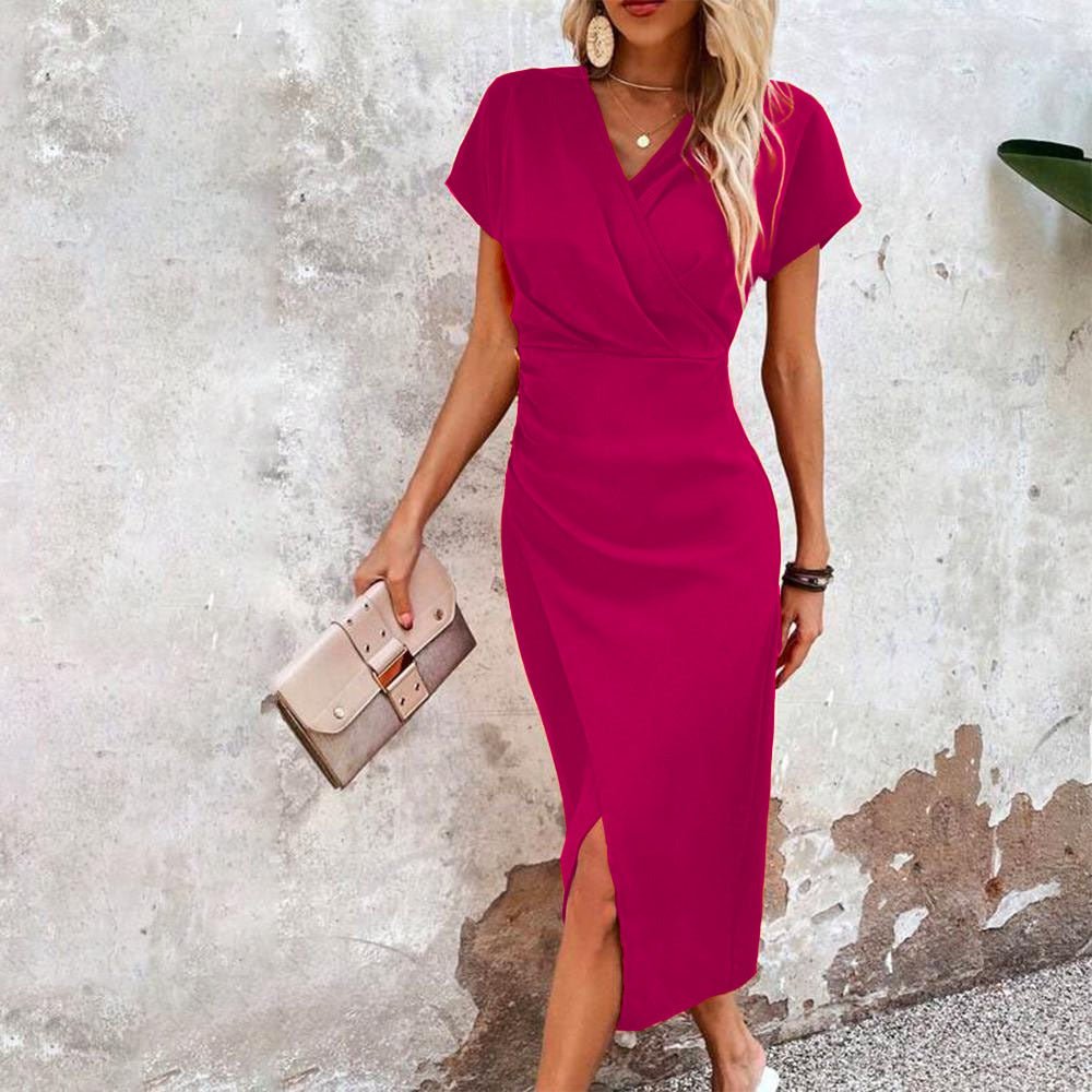 FitiqueFit split V-neck bodycon dress with short sleeves and a slit, featuring a slim fit design perfect for stylish occasions.