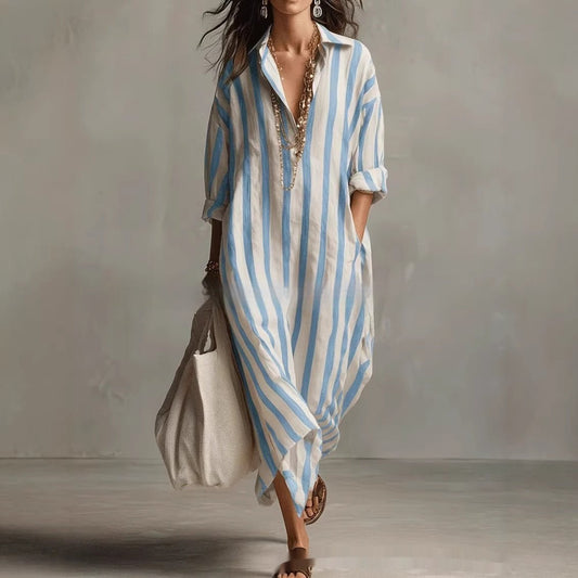 Striped lapel collar dress by FitiqueFit featuring side slits and pockets, stylish and comfortable for casual wear.