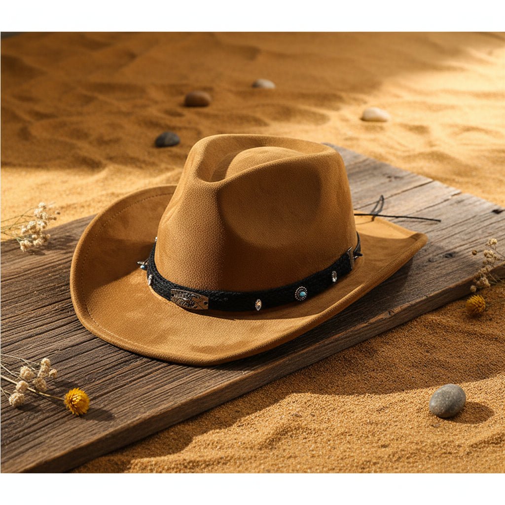 Unisex Western cowboy hat with ethnic style, made by FitiqueFit, featuring a wide brim and traditional decorative elements.