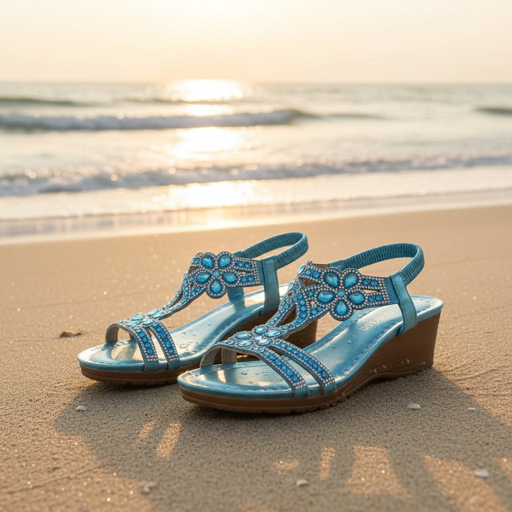Bohemian thick-sole wedge sandals by FitiqueFit in three colors, available in EU sizes 36 to 42, shown from side view.
