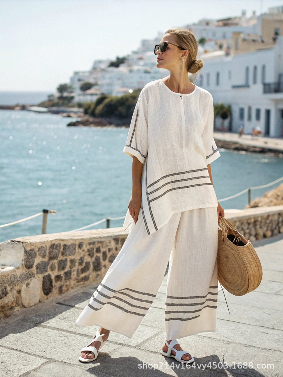 FitiqueFit 3D print batwing sleeve two-piece set with loose T-shirt and straight-leg pants, stylish and comfortable casual outfit.
