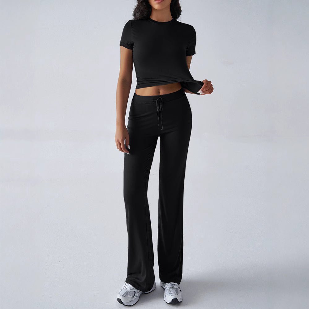 FitiqueFit crew neck short sleeve top and full-length pants set in solid color, available in 10 vibrant shades.