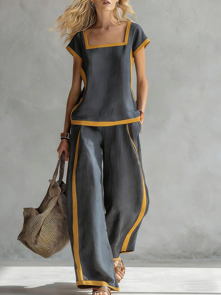 FitiqueFit square-neck two-piece set with three-quarter sleeves and loose fit top and pants, stylish and comfortable for casual wear.