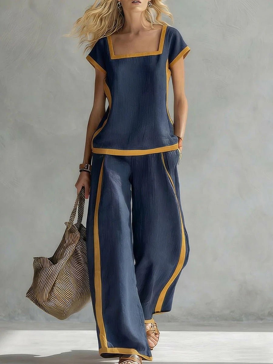 FitiqueFit two-piece set with square-neck loose top and matching three-quarter sleeve pants, stylish and comfortable for casual wear.