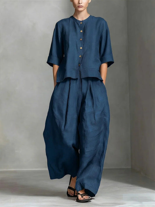 FitiqueFit two-piece set with a three-quarter sleeve shirt and loose trousers, perfect for casual or semi-formal wear.