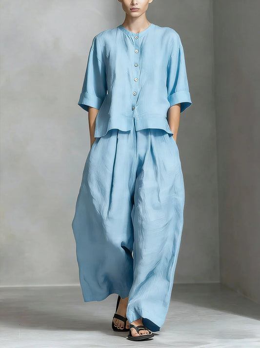 FitiqueFit three-quarter sleeve shirt and loose trousers two-piece set, stylish casual outfit for women.