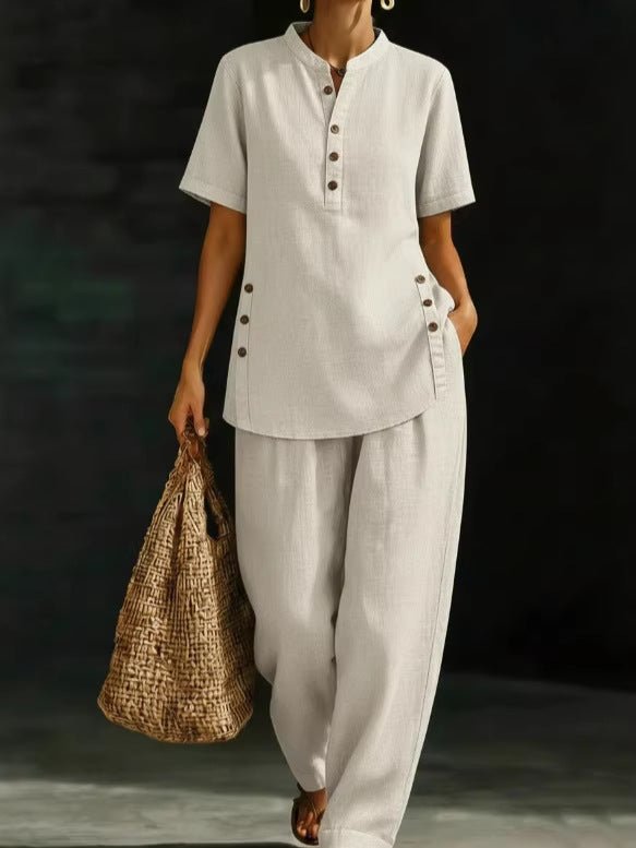 FitiqueFit three-quarter sleeve shirt and wide-leg pants two-piece set in solid color, casual style, perfect for everyday wear.