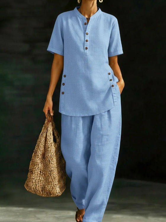 FitiqueFit three-quarter sleeve shirt and wide-leg pants two-piece set in solid color, casual stylish outfit for women.