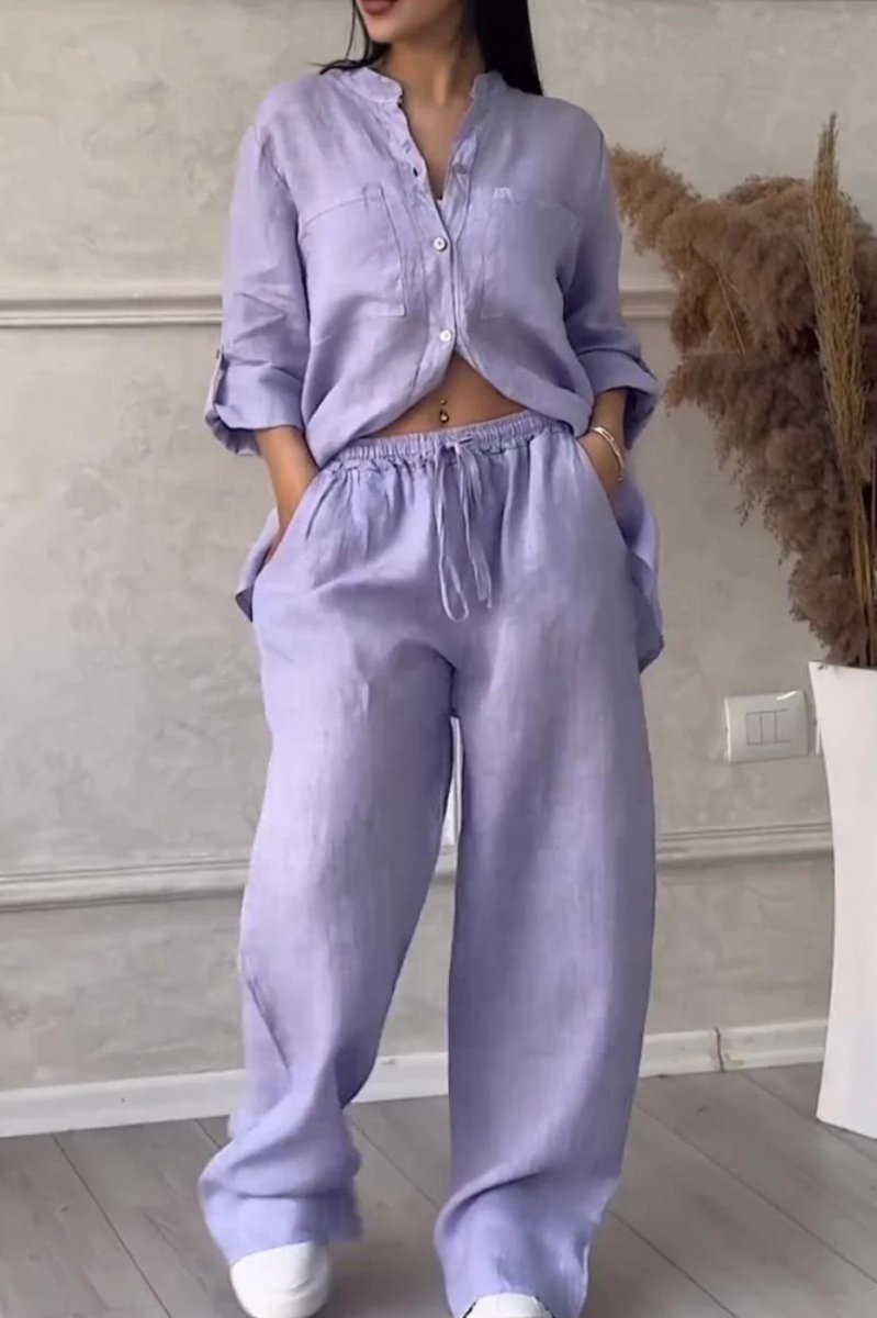 FitiqueFit wide-leg pants and lace-up top two-piece set in solid color, available in 12 colors, size S–5XL.