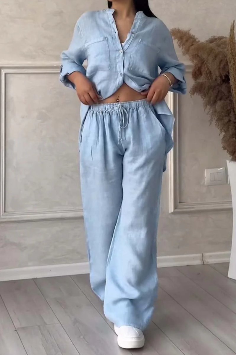 FitiqueFit wide-leg pants and lace-up top two-piece set in solid color, available in 12 colors, sizes S to 5XL.