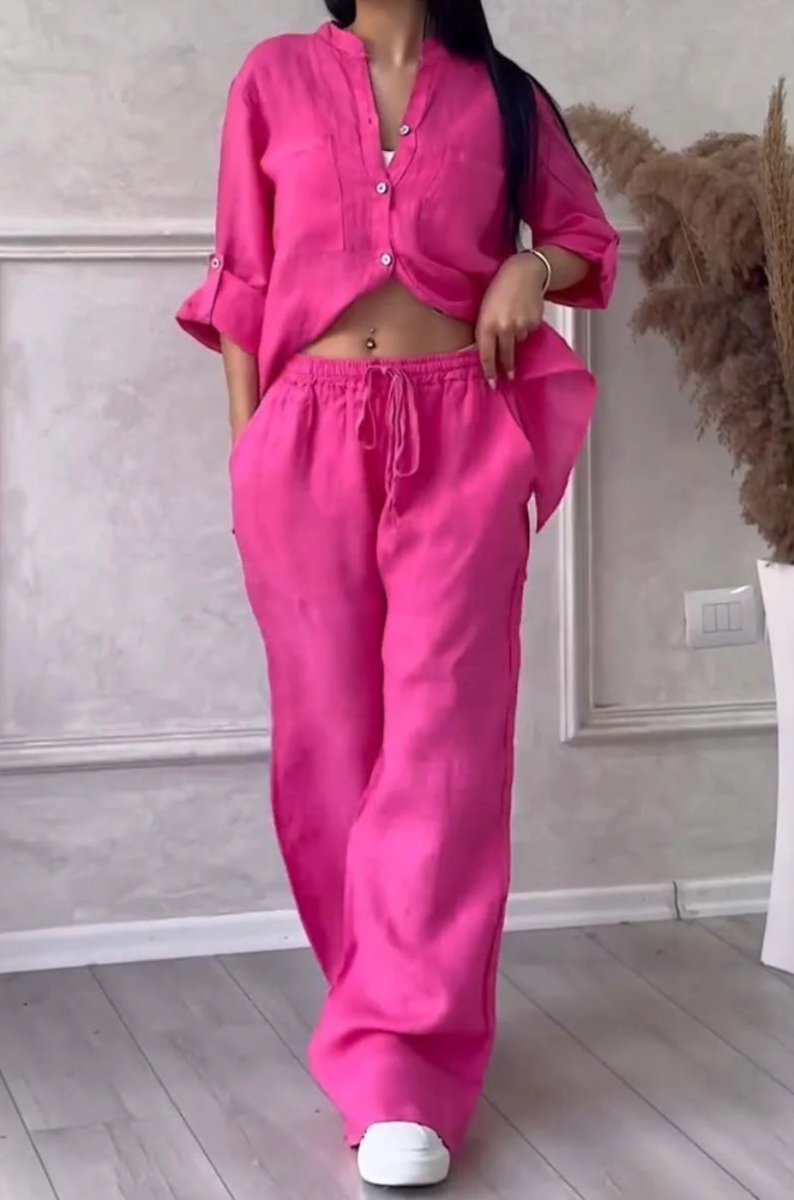 FitiqueFit wide-leg pants and lace-up top two-piece set in solid color, available in 12 colors and sizes S to 5XL.