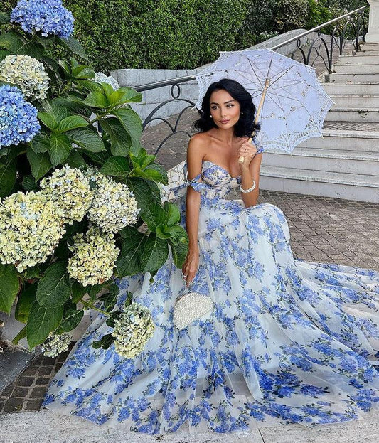 Floral Off-the-shoulder Strap Lace-up Large Swing Skirt Organza Dress - MANDOTOS