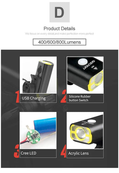 GACIRON 400-1800 Lumens Bicycle Front Light USB Rechargeable Cycling Headlight Flashlight MTB Road Bike Waterproof LED Head Lamp - MANDOTOS