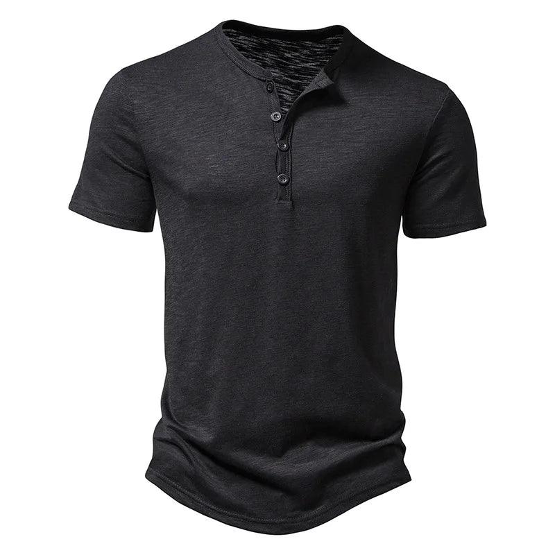 Henley Collar Summer Men Casual Solid Color Short Sleeve T Shirt for Men Polo men High QualityMens T Shirts - MANDOTOS