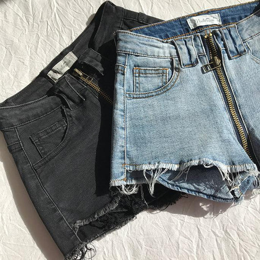 High Waist Xuan Ya Outwear Hip Zipper Denim Shorts - MANDOTOS