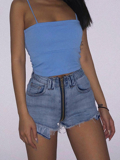 High Waist Xuan Ya Outwear Hip Zipper Denim Shorts - MANDOTOS