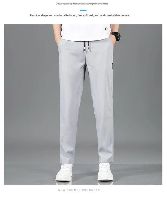 Ice Silk Men's Pants 2025 Summer New Black Gray Thin Business Casual Pants Outdoor Elastic Breathable Straight Leg Sweatpants - MANDOTOS