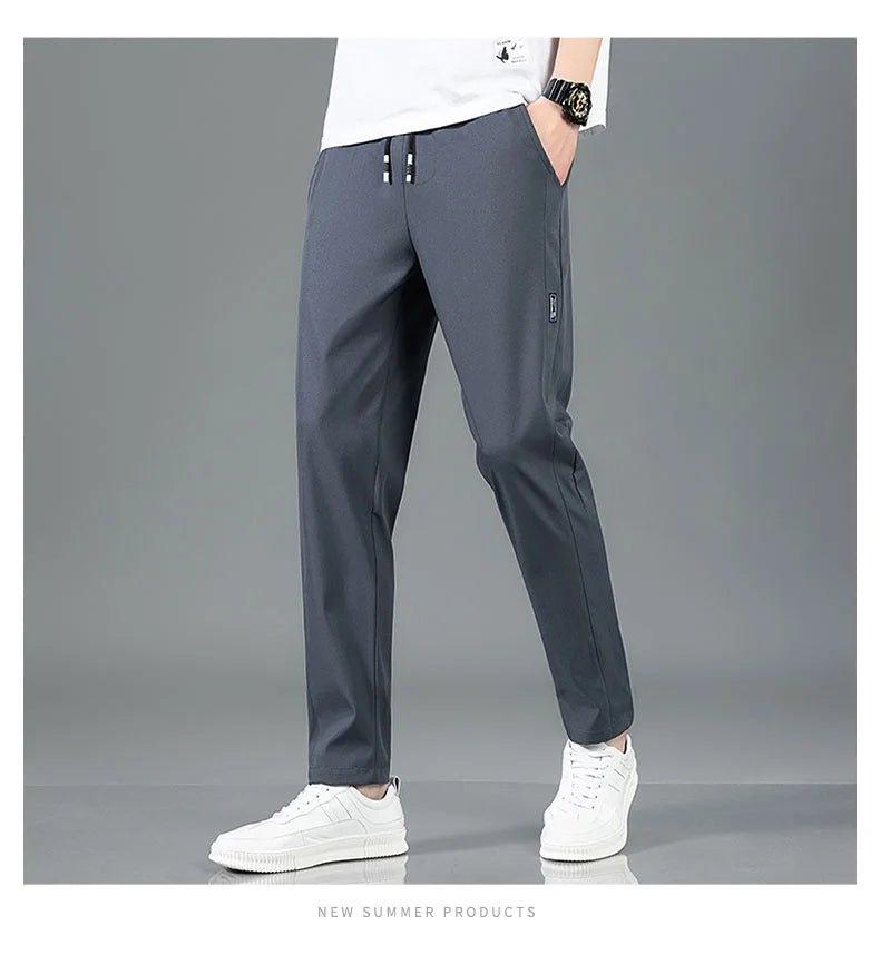 Ice Silk Men's Pants 2025 Summer New Black Gray Thin Business Casual Pants Outdoor Elastic Breathable Straight Leg Sweatpants - MANDOTOS