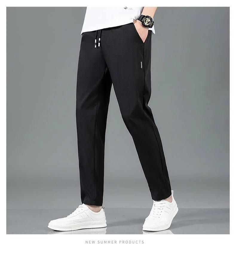 Ice Silk Men's Pants 2025 Summer New Black Gray Thin Business Casual Pants Outdoor Elastic Breathable Straight Leg Sweatpants - MANDOTOS