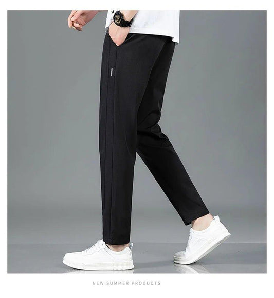 Ice Silk Men's Pants 2025 Summer New Black Gray Thin Business Casual Pants Outdoor Elastic Breathable Straight Leg Sweatpants - MANDOTOS