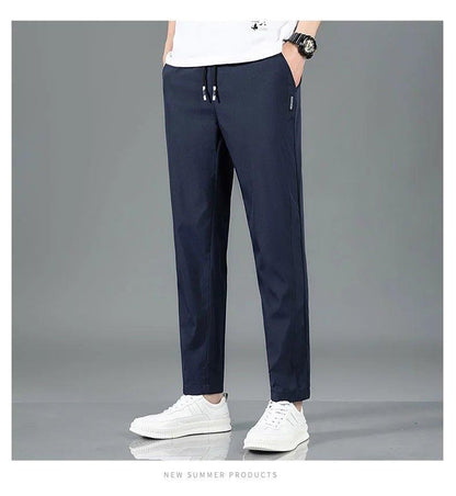 Ice Silk Men's Pants 2025 Summer New Black Gray Thin Business Casual Pants Outdoor Elastic Breathable Straight Leg Sweatpants - MANDOTOS